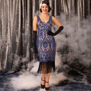 Unique Vintage 1920's Flapper Midi Dress Sequin A-Line Sheer Party Costume